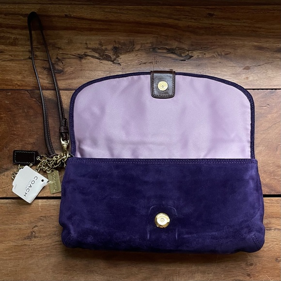 NWT Coach Y2K Purple Suede Soho Clutch Brass Hardware Brown Leather Trim - Picture 7 of 16